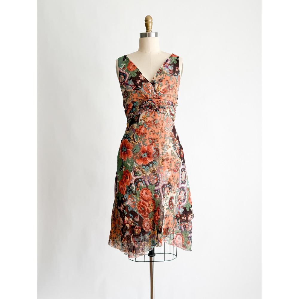 D.J. Summers Y2K Midi Dress Floral Paisley Handkerchief Hem 10 Rose‎ Detail